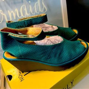 Turquoise Fly London Wedged Suede Sandal